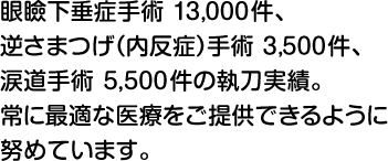 眼瞼下垂症手術13,000件、逆さまつげ（内反症）手術3,500件、涙道手術5,500件の執刀実績。常に最適な医療をご提供できるように努めています。